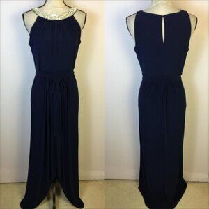 SLNY Formal Maxi Dress Sz 6 Womans Blue Knit Sleeveless Embellished Halter Neck